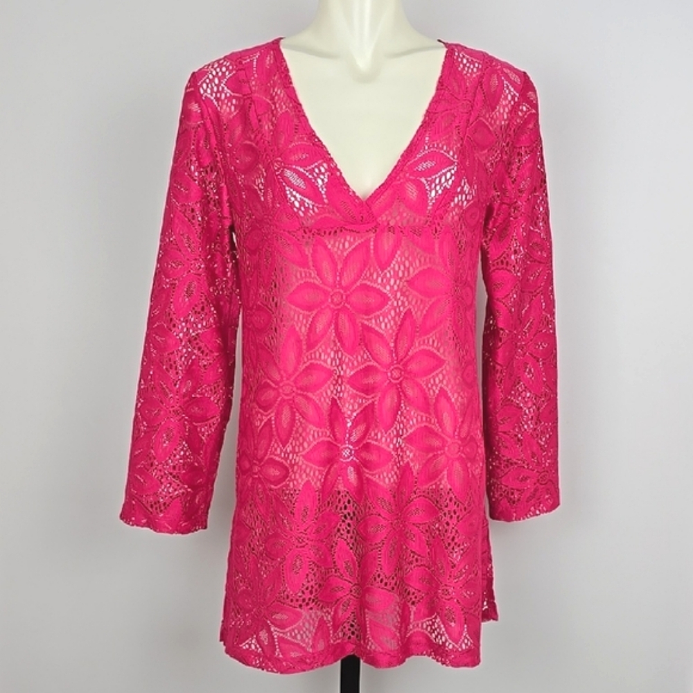 MARIO SERRANI ITALY Pink Large Floral Lace Beach Pool Cover Up Tunic Size Small